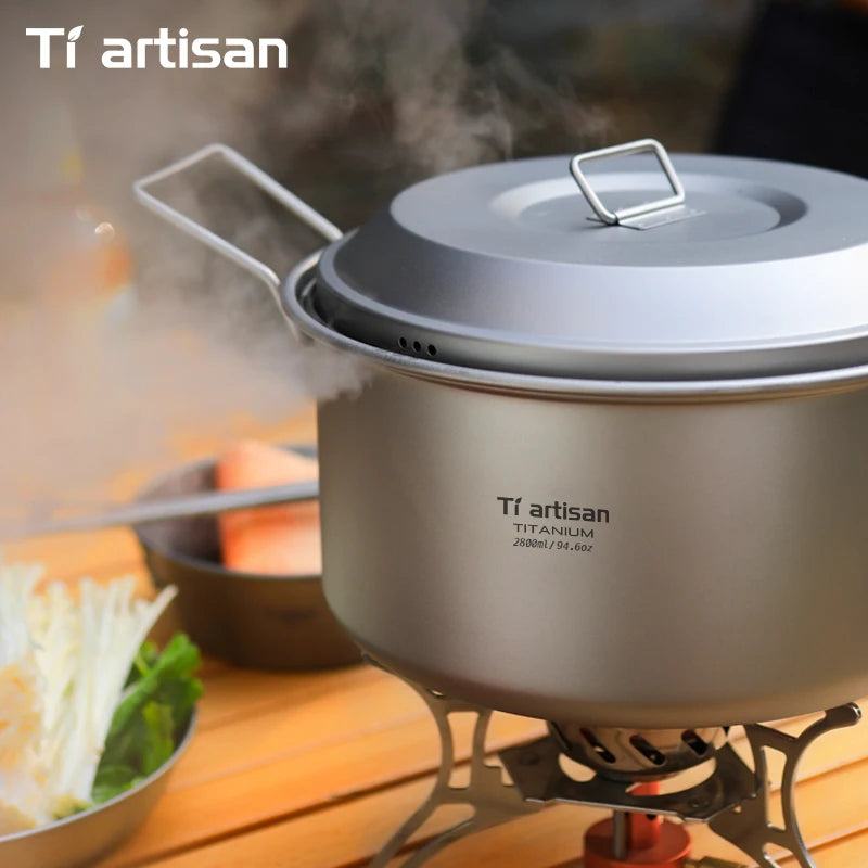 Tiartisan 2.1L/ 2.8L Titanium Camping Soup Pot Set Outdoor Lightweight Steamer with Steam Compartment Multi Functional Cookware