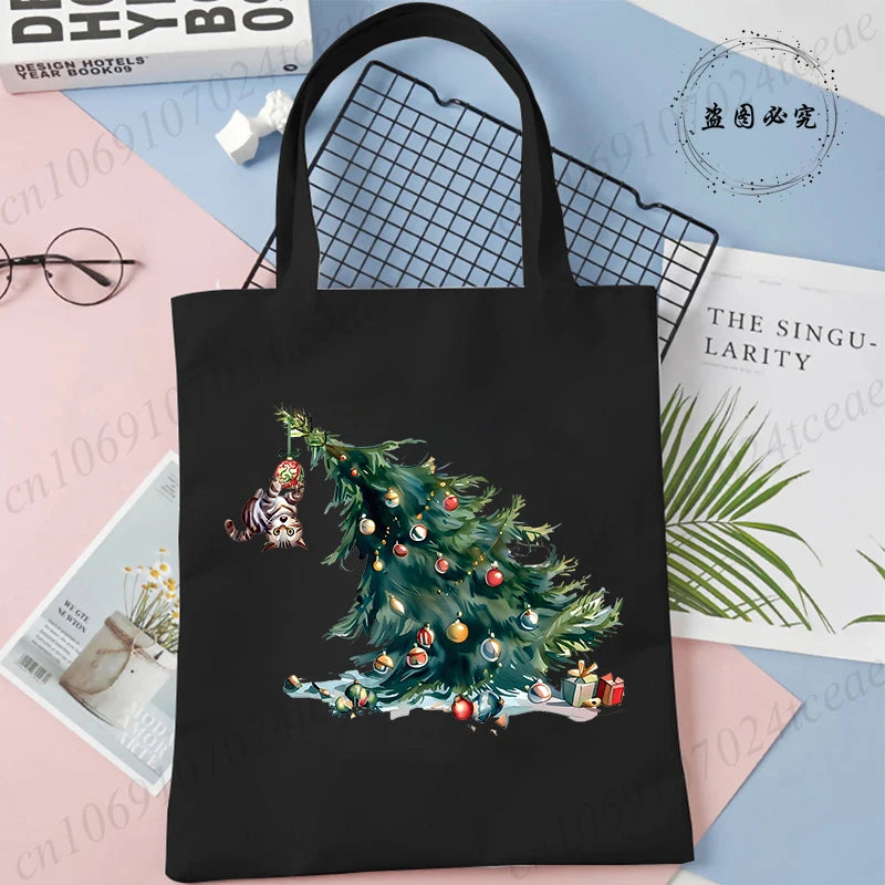 Black Cats Christmas Printed Shopping Bag Cartoon Canvas Tote Bag Eco Bag for Women Black Cats Christmas Reusable Tote Handbags