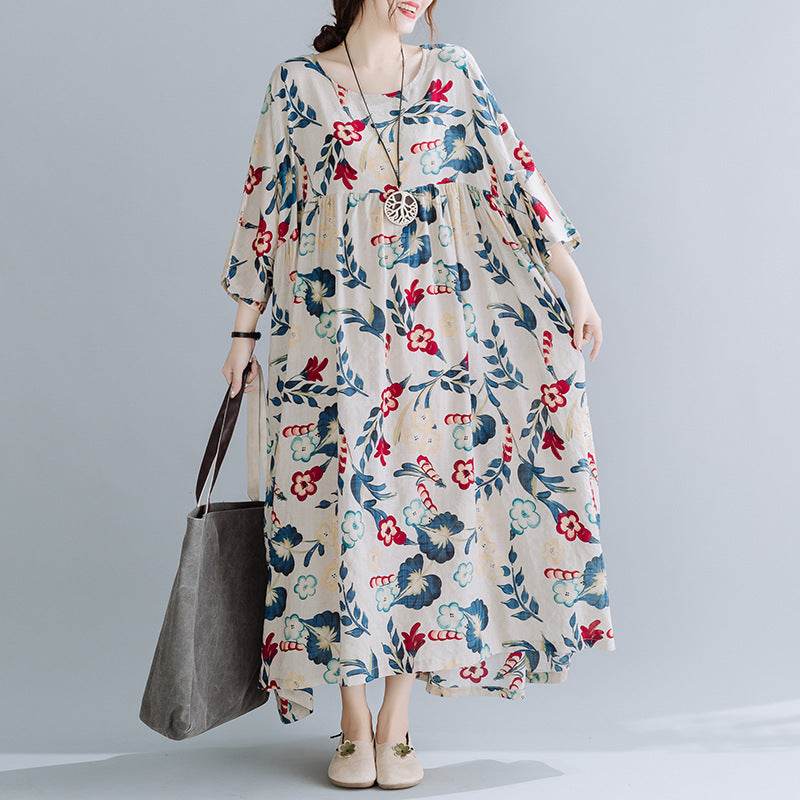 Plus Size Loose Panel Cotton Linen Print Short Sleeve Dress - P12 Hub Europe