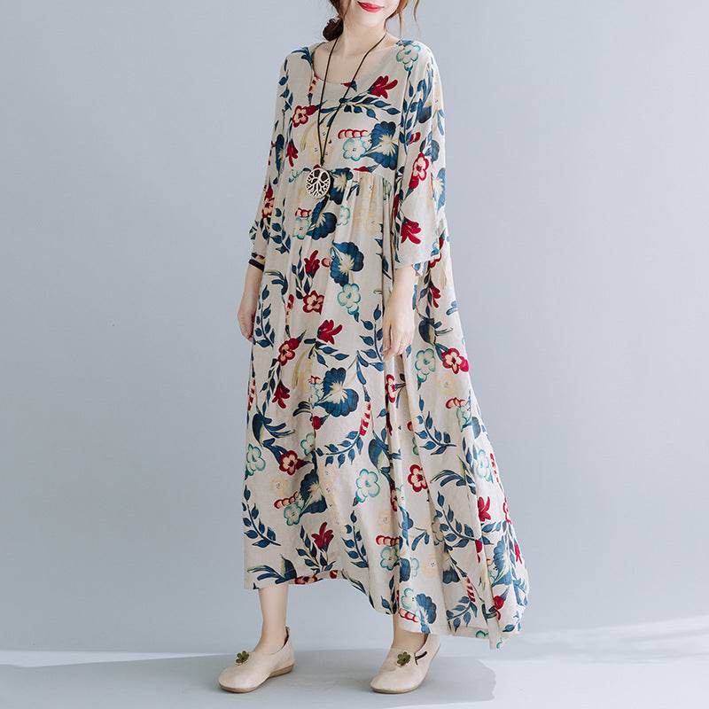 Plus Size Loose Panel Cotton Linen Print Short Sleeve Dress - P12 Hub Europe