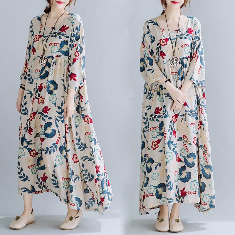 Plus Size Loose Panel Cotton Linen Print Short Sleeve Dress - P12 Hub Europe