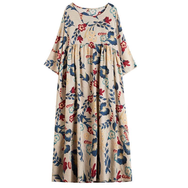 Plus Size Loose Panel Cotton Linen Print Short Sleeve Dress - P12 Hub Europe