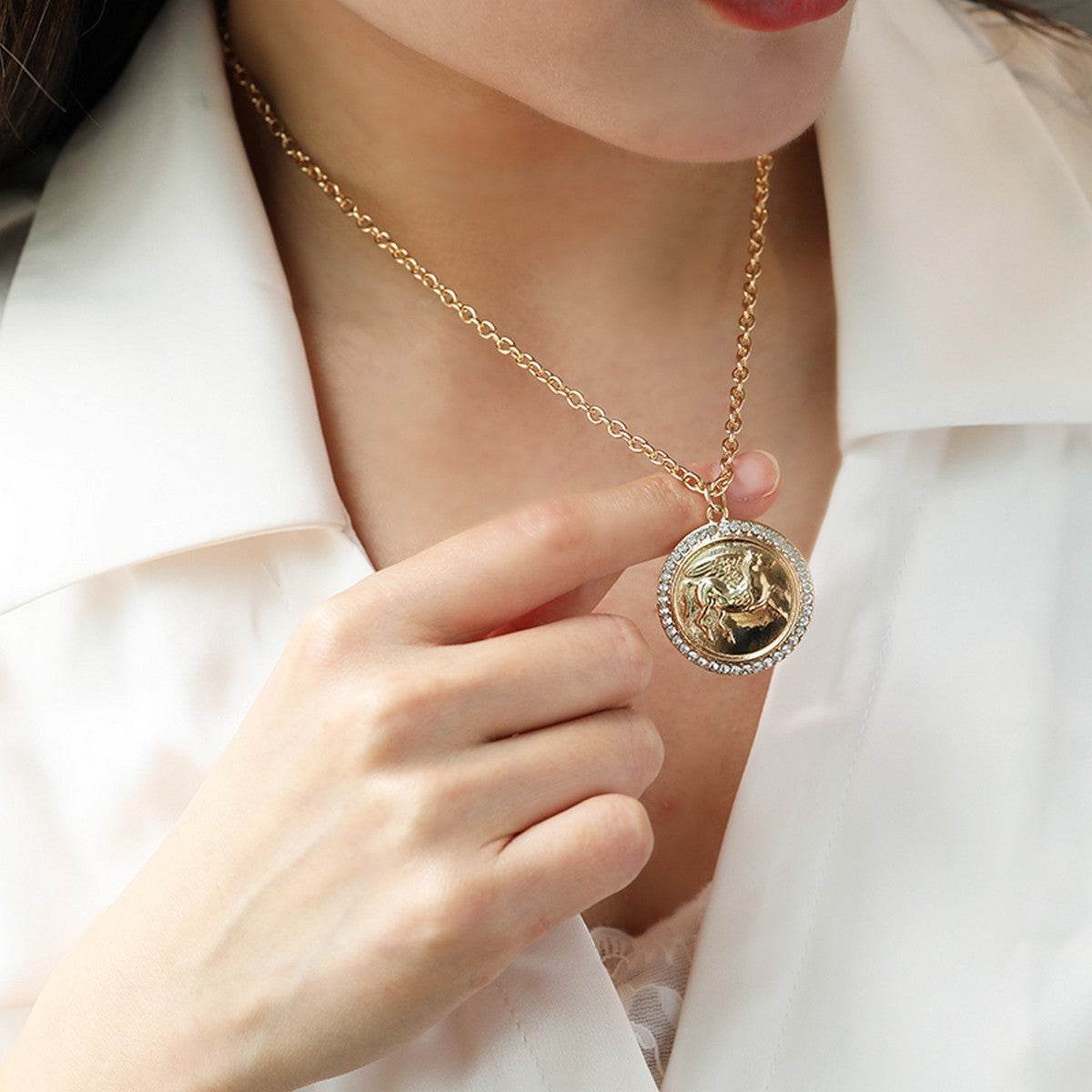 Ancient Coin Relief Pegasus Figure Carving Necklace And Earrings Suite - P12 Hub Europe