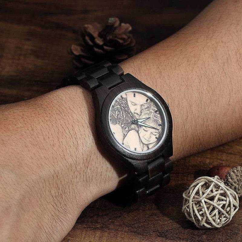 Men's Engraved Wooden Photo Watch Wooden Strap 45mm - P12 Hub Europe