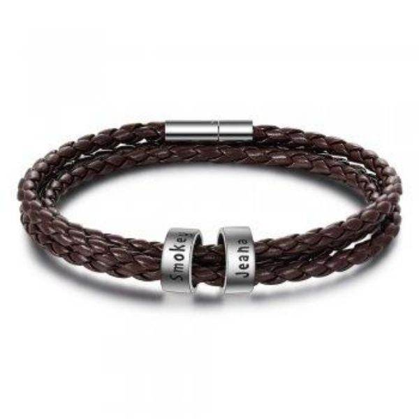 Personalized Mens Braided Genuine Leather Bracelet Stainless Steel Custom Beads Name Charm Bracelet For Men With Family Names - P12 Hub Europe