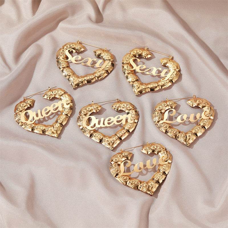 Personality Women Fashion Bamboo Hoop Earrings Letter Queen Love Sexy Dangle Earrings - P12 Hub Europe