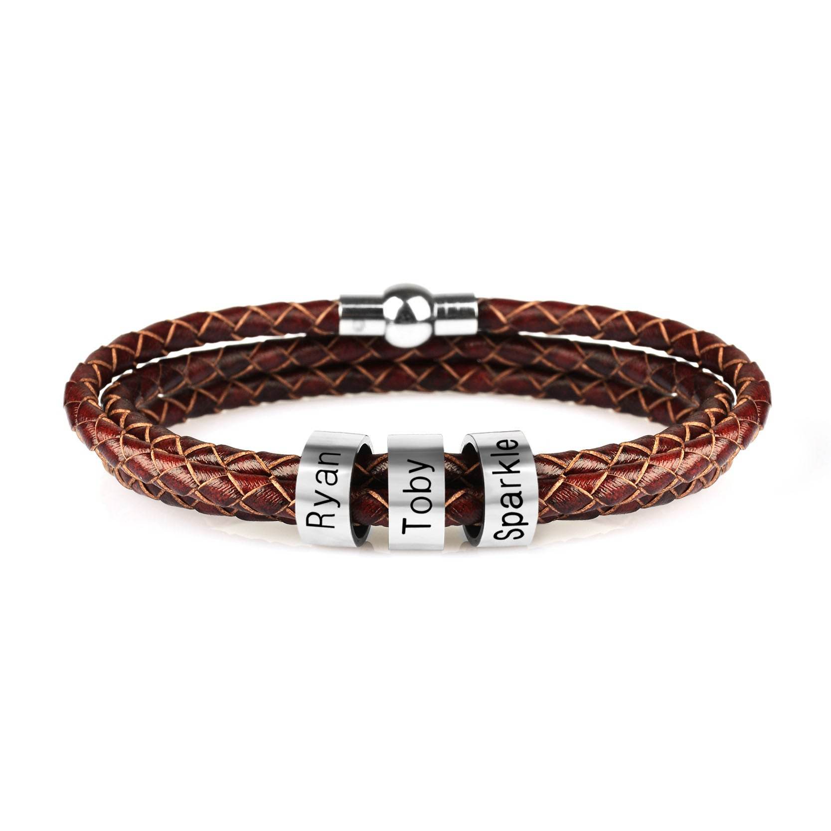 Personalized Mens Braided Genuine Leather Bracelet Stainless Steel Custom Beads Name Charm Bracelet For Men With Family Names - P12 Hub Europe