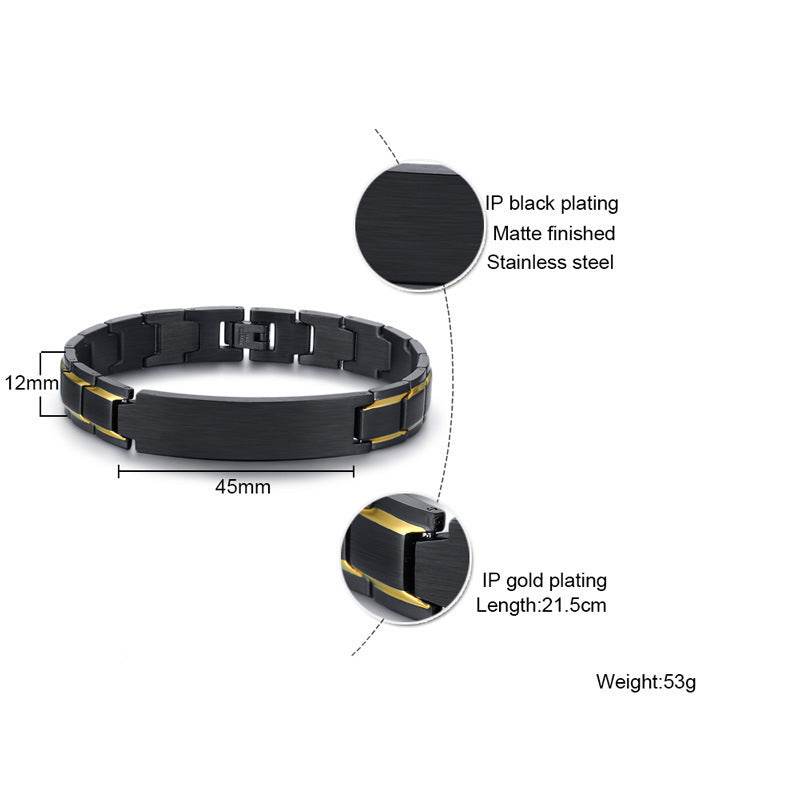 Custom Engraving Heavy Chain Bracelet 12mm Men's Black Matt Finish Curved Bar Charm Bracelet in Stainless Steel - P12 Hub Europe