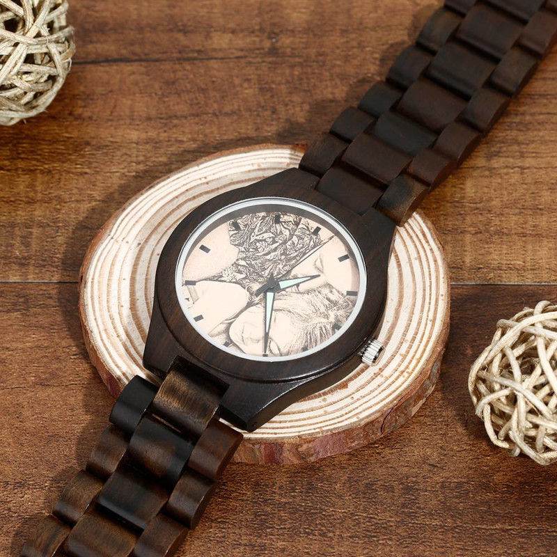Men's Engraved Wooden Photo Watch Wooden Strap 45mm - P12 Hub Europe