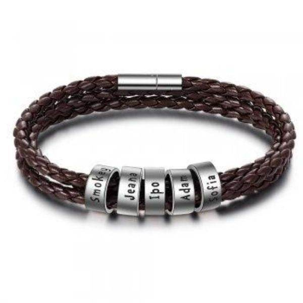 Personalized Mens Braided Genuine Leather Bracelet Stainless Steel Custom Beads Name Charm Bracelet For Men With Family Names - P12 Hub Europe