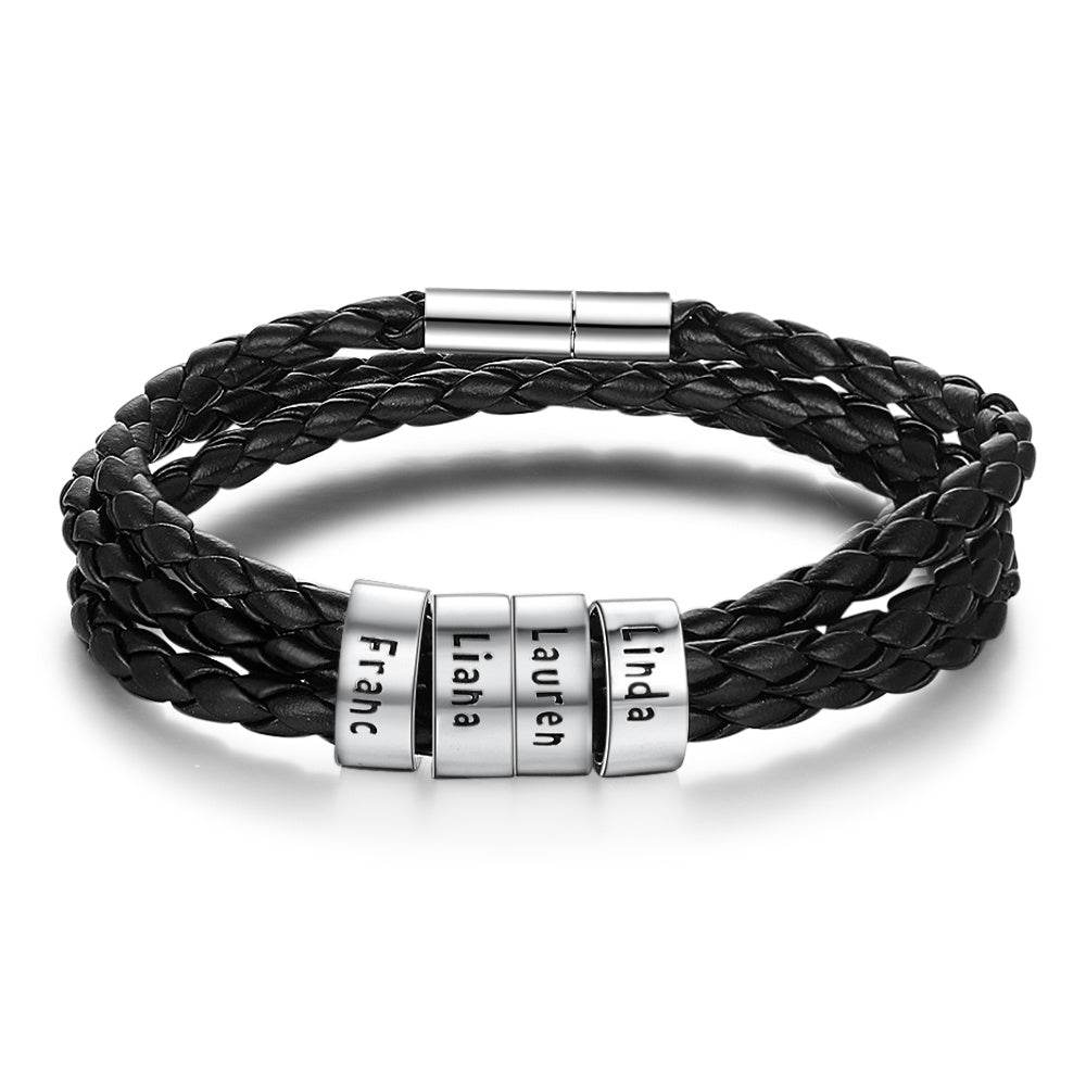 Personalized Mens Braided Genuine Leather Bracelet Stainless Steel Custom Beads Name Charm Bracelet For Men With Family Names - P12 Hub Europe