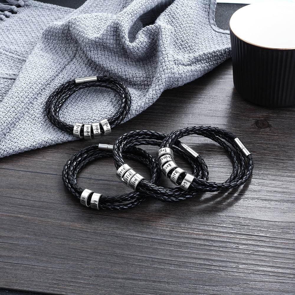 Personalized Mens Braided Genuine Leather Bracelet Stainless Steel Custom Beads Name Charm Bracelet For Men With Family Names - P12 Hub Europe