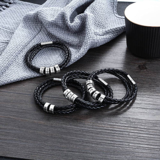 Personalized Mens Braided Genuine Leather Bracelet Stainless Steel Custom Beads Name Charm Bracelet For Men With Family Names - P12 Hub Europe