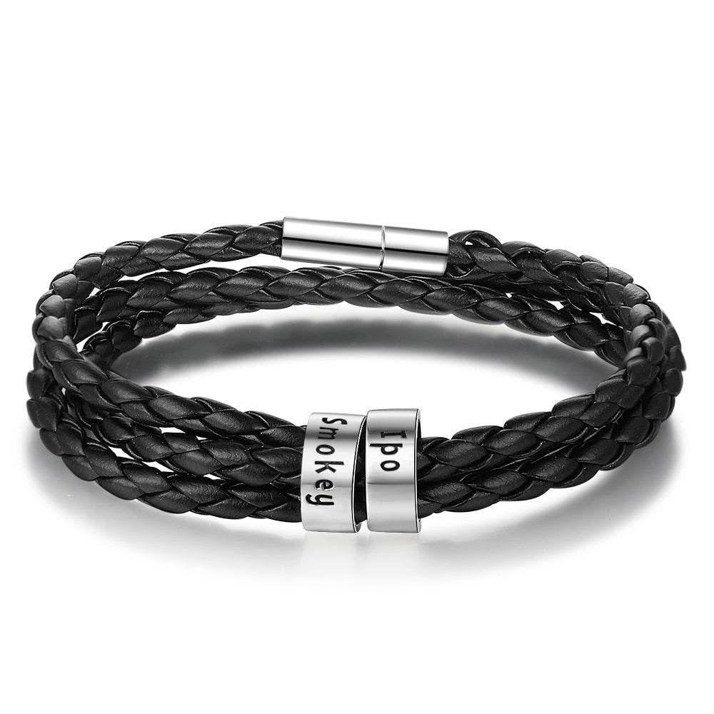 Personalized Mens Braided Genuine Leather Bracelet Stainless Steel Custom Beads Name Charm Bracelet For Men With Family Names - P12 Hub Europe