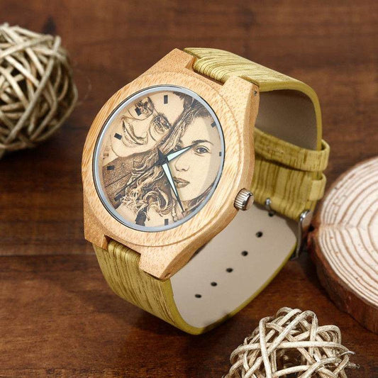 Women's Engraved Bamboo Photo Watch Wooden Leather Strap 40mm - P12 Hub Europe