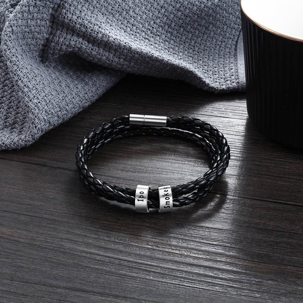 Personalized Mens Braided Genuine Leather Bracelet Stainless Steel Custom Beads Name Charm Bracelet For Men With Family Names - P12 Hub Europe