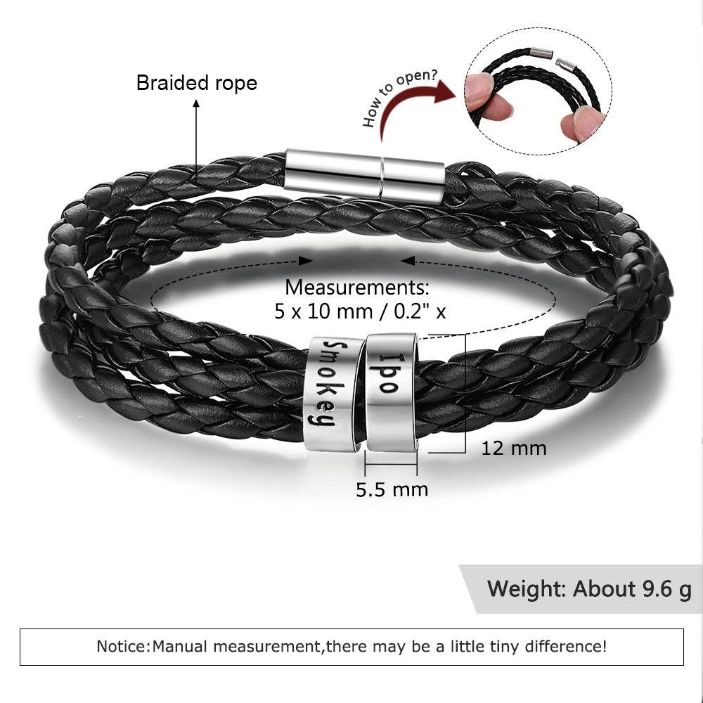 Personalized Mens Braided Genuine Leather Bracelet Stainless Steel Custom Beads Name Charm Bracelet For Men With Family Names - P12 Hub Europe