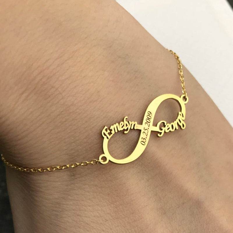 Personalized Jewelry Custom Double Name Date Infinity Bracelet Rose Gold Infinity Nameplate Bracelets Stainless Steel Hand Chain - P12 Hub Europe