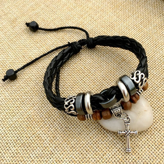 Cross stud braided leather bracelet
