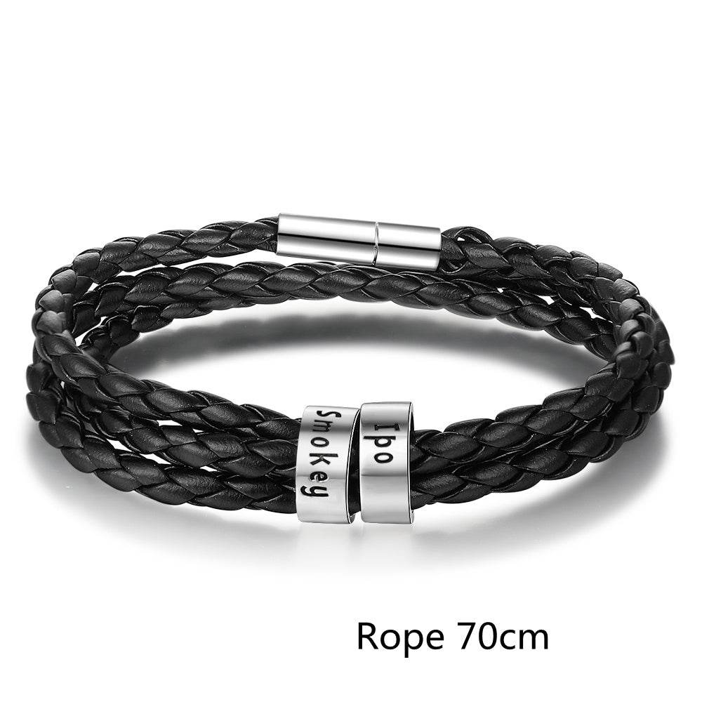 Personalized Mens Braided Genuine Leather Bracelet Stainless Steel Custom Beads Name Charm Bracelet For Men With Family Names - P12 Hub Europe