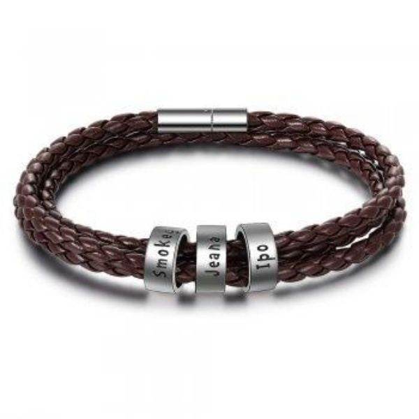 Personalized Mens Braided Genuine Leather Bracelet Stainless Steel Custom Beads Name Charm Bracelet For Men With Family Names - P12 Hub Europe