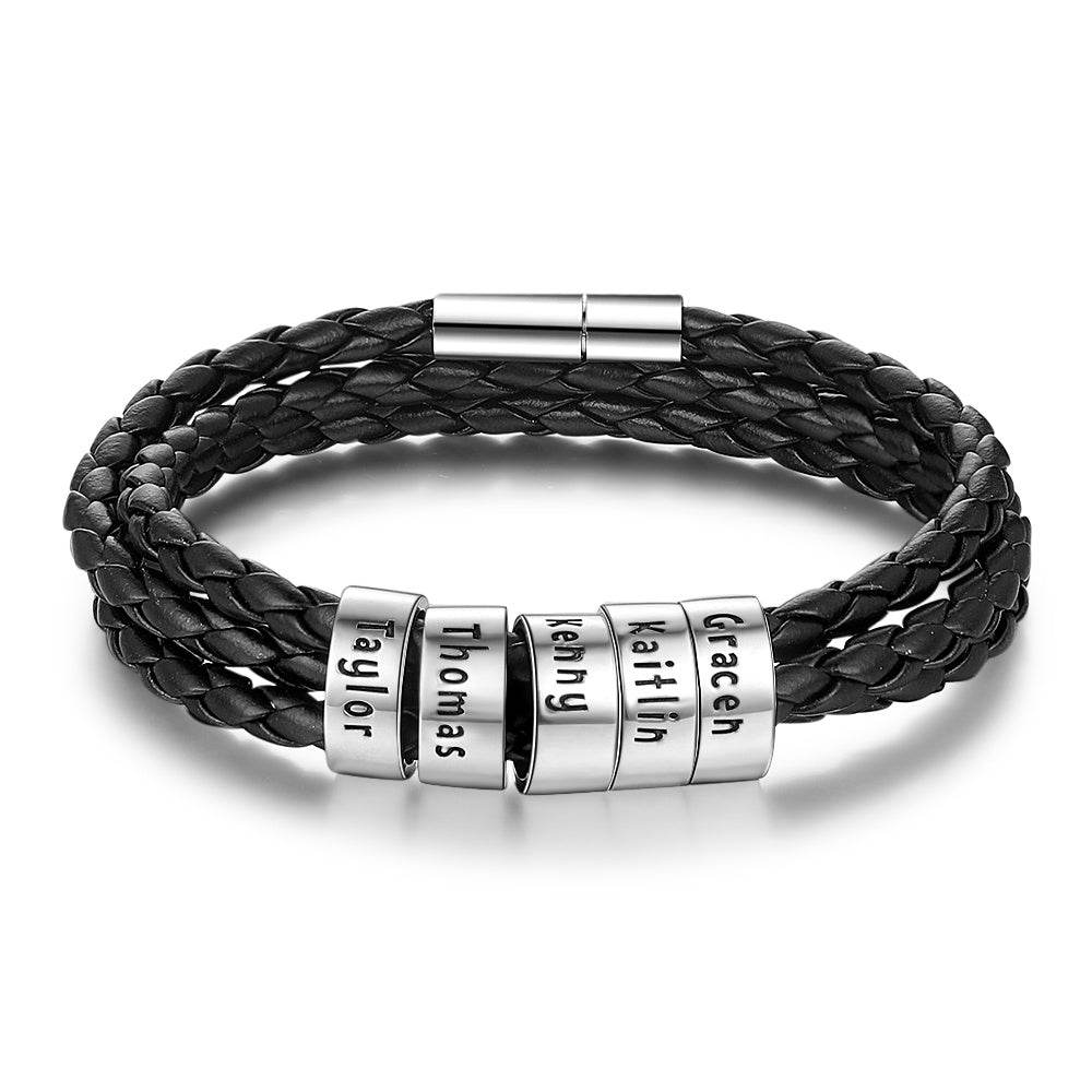 Personalized Mens Braided Genuine Leather Bracelet Stainless Steel Custom Beads Name Charm Bracelet For Men With Family Names - P12 Hub Europe