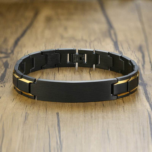 Custom Engraving Heavy Chain Bracelet 12mm Men's Black Matt Finish Curved Bar Charm Bracelet in Stainless Steel - P12 Hub Europe