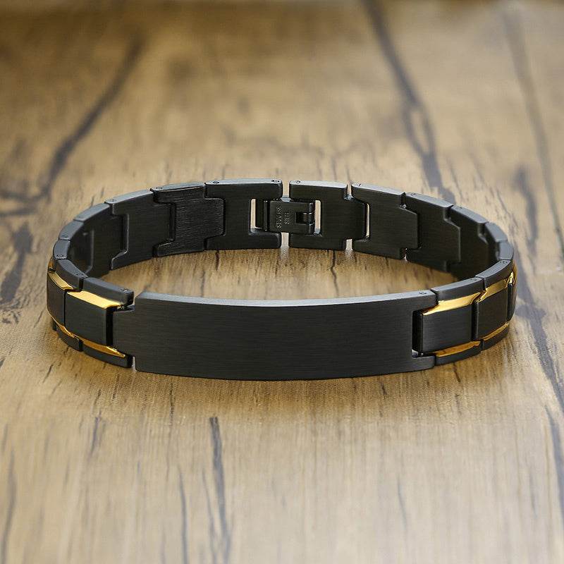 Custom Engraving Heavy Chain Bracelet 12mm Men's Black Matt Finish Curved Bar Charm Bracelet in Stainless Steel - P12 Hub Europe