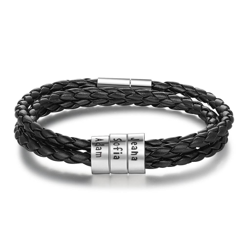 Personalized Mens Braided Genuine Leather Bracelet Stainless Steel Custom Beads Name Charm Bracelet For Men With Family Names - P12 Hub Europe
