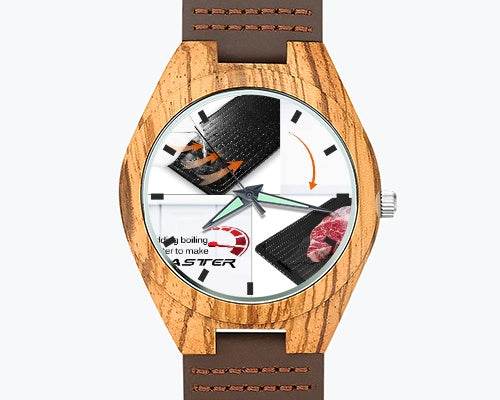 Men's Engraved Wooden Photo Watch Brown Leather Strap 45mm - P12 Hub Europe