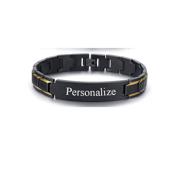 Custom Engraving Heavy Chain Bracelet 12mm Men's Black Matt Finish Curved Bar Charm Bracelet in Stainless Steel - P12 Hub Europe