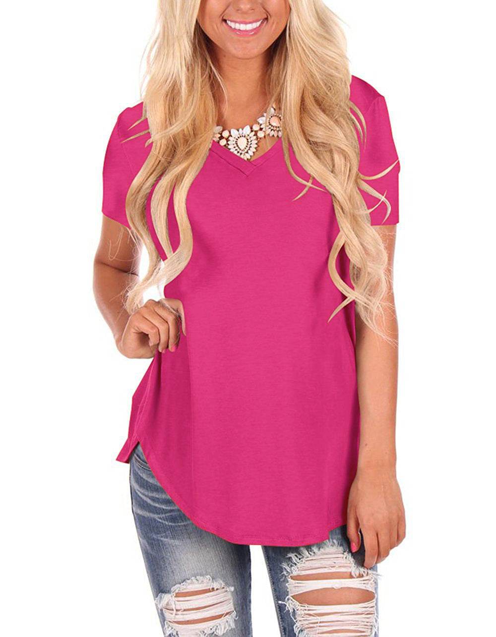 V-neck Knitted Solid Color Top Plus Size Loose Short Sleeve - P12 Hub Europe