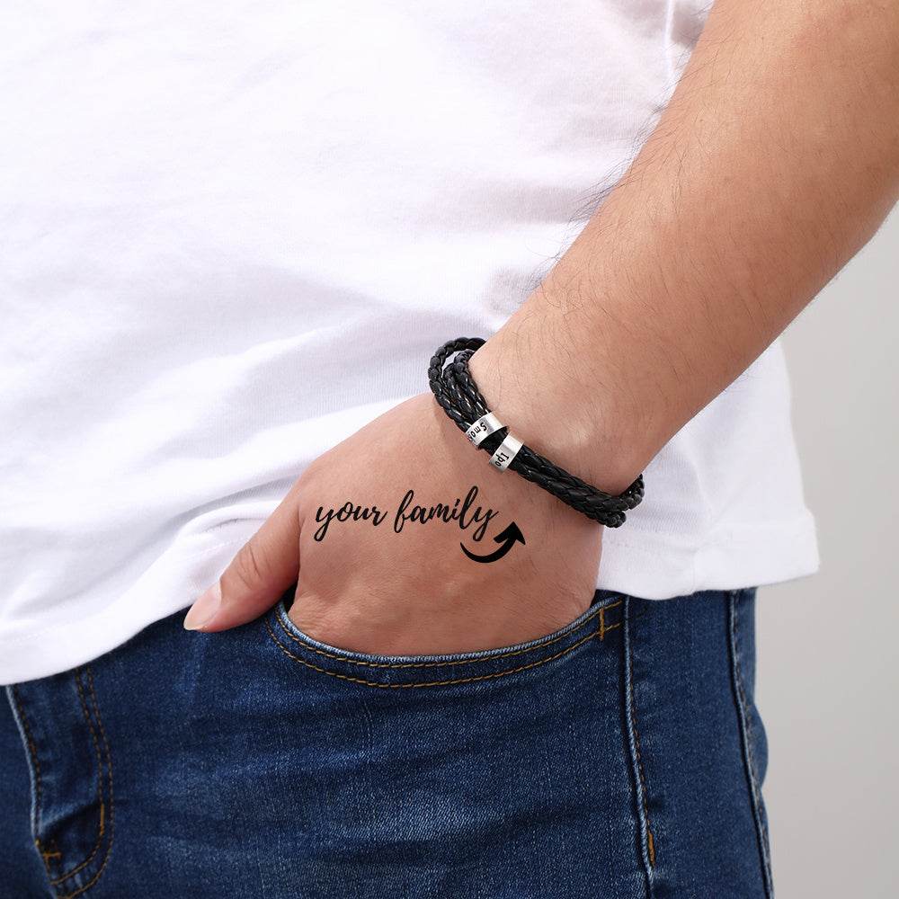 Personalized Mens Braided Genuine Leather Bracelet Stainless Steel Custom Beads Name Charm Bracelet For Men With Family Names - P12 Hub Europe