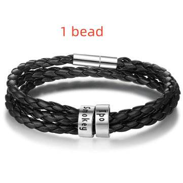 Personalized Mens Braided Genuine Leather Bracelet Stainless Steel Custom Beads Name Charm Bracelet For Men With Family Names - P12 Hub Europe