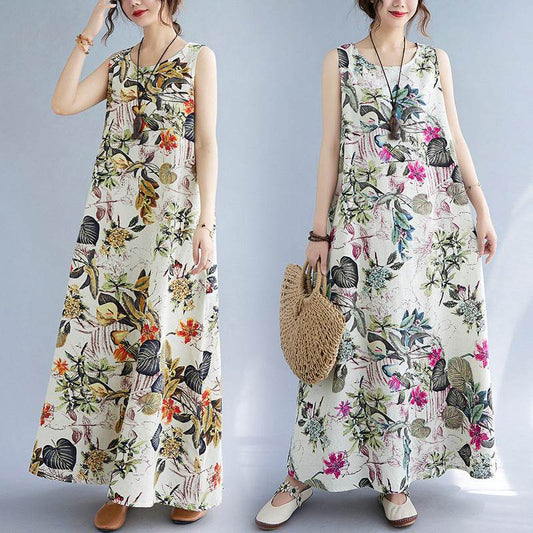 Printed Cotton Linen Round Neck Sleeveless Dress Women's - P12 Hub Europe