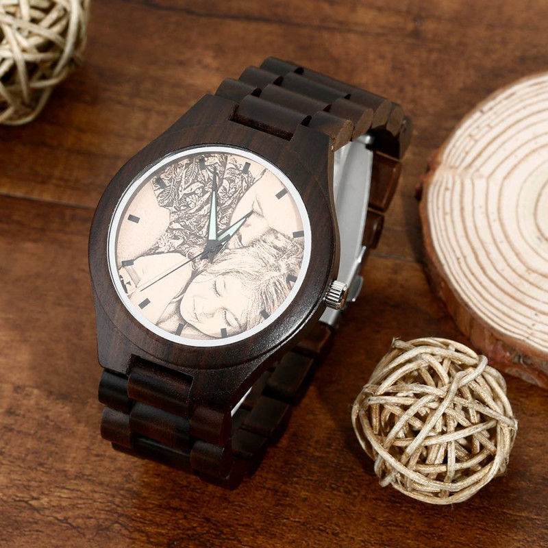 Men's Engraved Wooden Photo Watch Wooden Strap 45mm - P12 Hub Europe