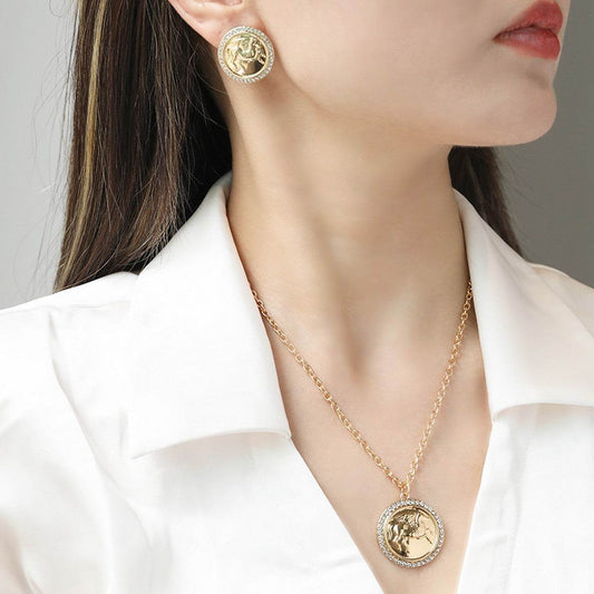 Ancient Coin Relief Pegasus Figure Carving Necklace And Earrings Suite - P12 Hub Europe