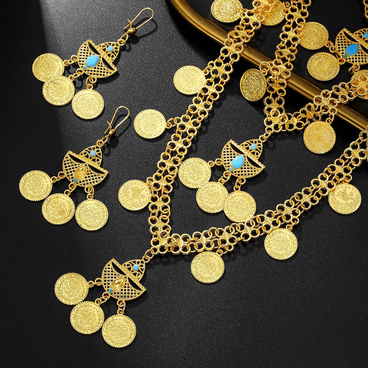 1set Fashion Retro 18k Gold Tassel Necklace Earrings Coin Middle East Set Multi-layer Set, Suitable For Holiday Gifts, Gatherings And Weddings To Wear - P12 Hub Europe