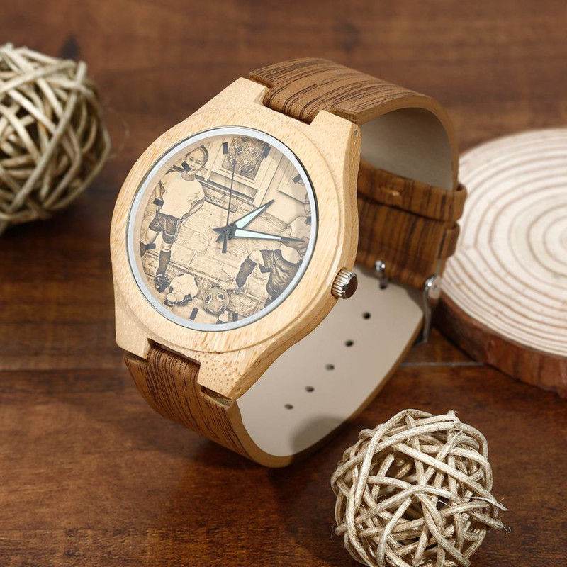 Women's Engraved Bamboo Photo Watch Wooden Leather Strap 40mm - P12 Hub Europe
