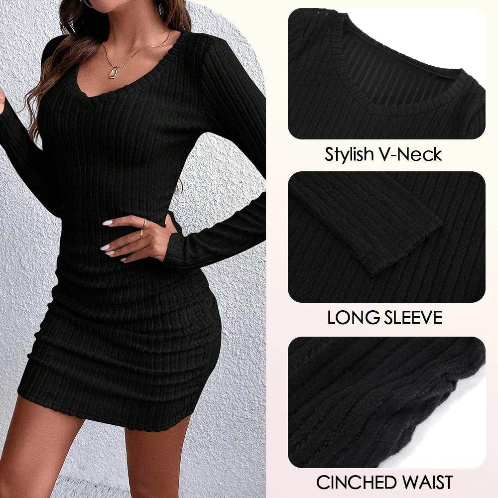 Ribbed Knit Mini Dress V-Neck Long Sleeve Sexy - P12 Hub Europe
