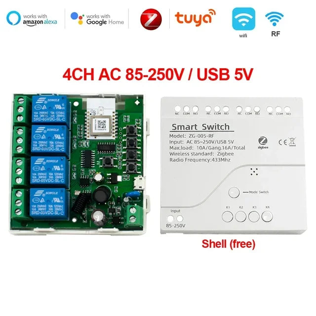 Tuya Zigbee 5-265V RF 4CH R3 Pro 4 Channel Garage Door Switch Curtain Heater TV Motor Controller Relay Courtyard Gate Module
