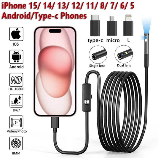 Endoscope 8mm iOS/Android 1080P,LED, Car Inspection,USB-C - P12 Hub Europe