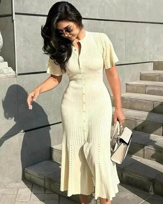 Elegant Knitted Single Breasted Midi Dress Patchwork Flare Sleeve - P12 Hub Europe
