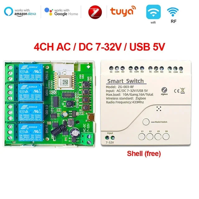 Tuya Zigbee 5-265V RF 4CH R3 Pro 4 Channel Garage Door Switch Curtain Heater TV Motor Controller Relay Courtyard Gate Module