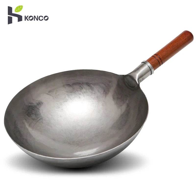 Konco Hand Hammered Wok,Chinese Traditional Iron Wok No Coating Wooden Handle Non-stick Pan Kitchen Cookware - P12 Hub Europe
