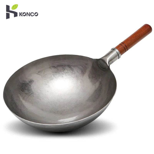 Konco Hand Hammered Wok,Chinese Traditional Iron Wok No Coating Wooden Handle Non-stick Pan Kitchen Cookware - P12 Hub Europe