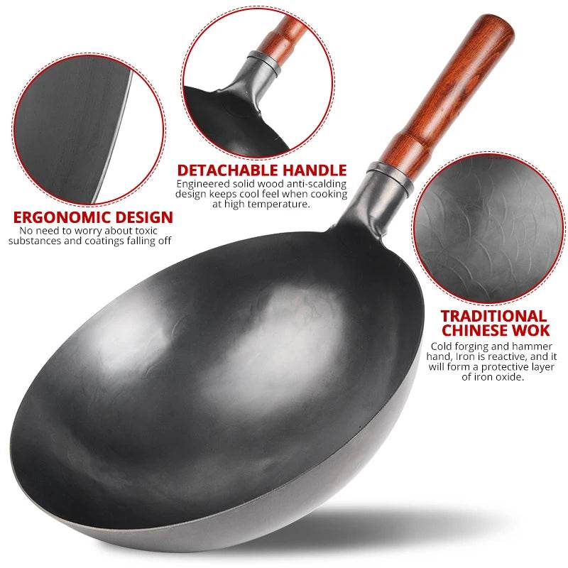 Konco Hand Hammered Wok,Chinese Traditional Iron Wok No Coating Wooden Handle Non-stick Pan Kitchen Cookware - P12 Hub Europe