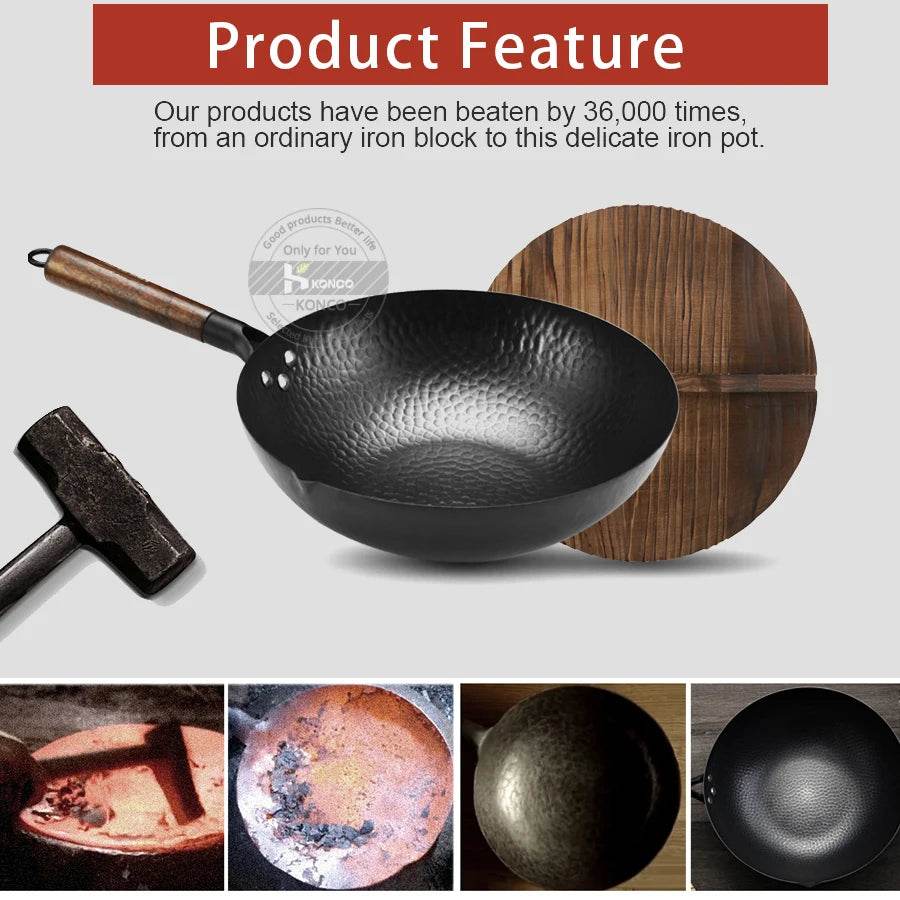 Konco Iron wok Cast iron pan Non-coated Pot General use for Gas and Induction Cooker 32cm Chinese Wok Cookware Pan Kitchen Tools - P12 Hub Europe