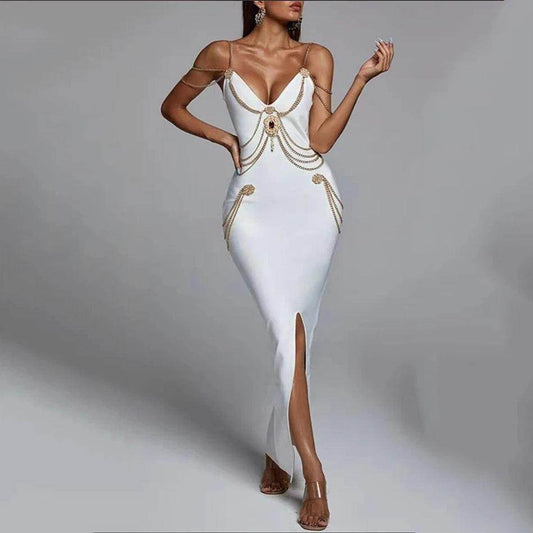 Chain Strap Bandage Dress | Sexy V Neck Club Maxi - P12 Hub Europe
