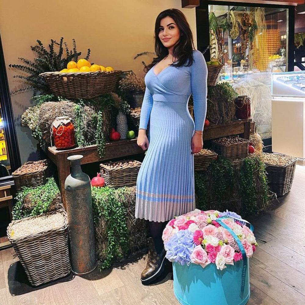 Tossy Ribbed V-Neck Knit Maxi Dress - Elegant Patchwork - P12 Hub Europe